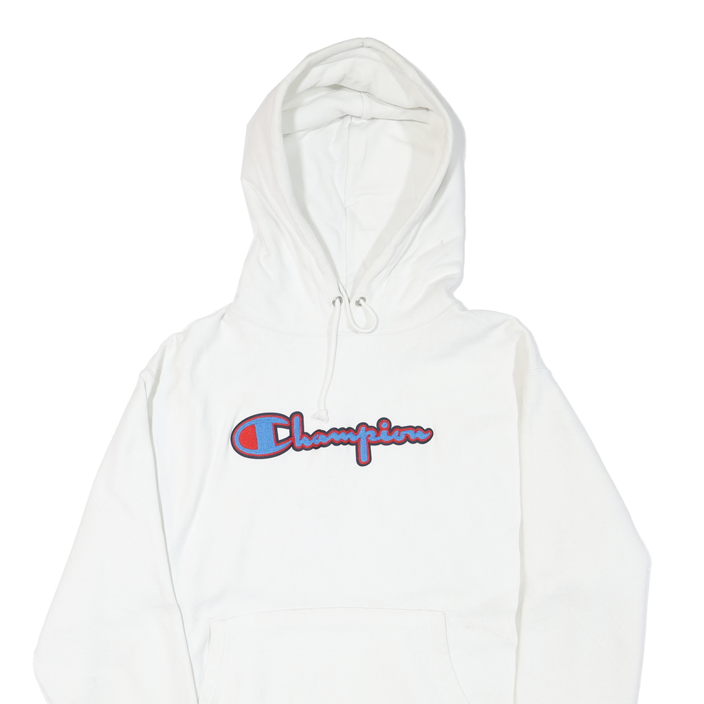 CHAMPION Mens White Pullover Hoodie L Cotton Blend Classic Logo Sweatshirt