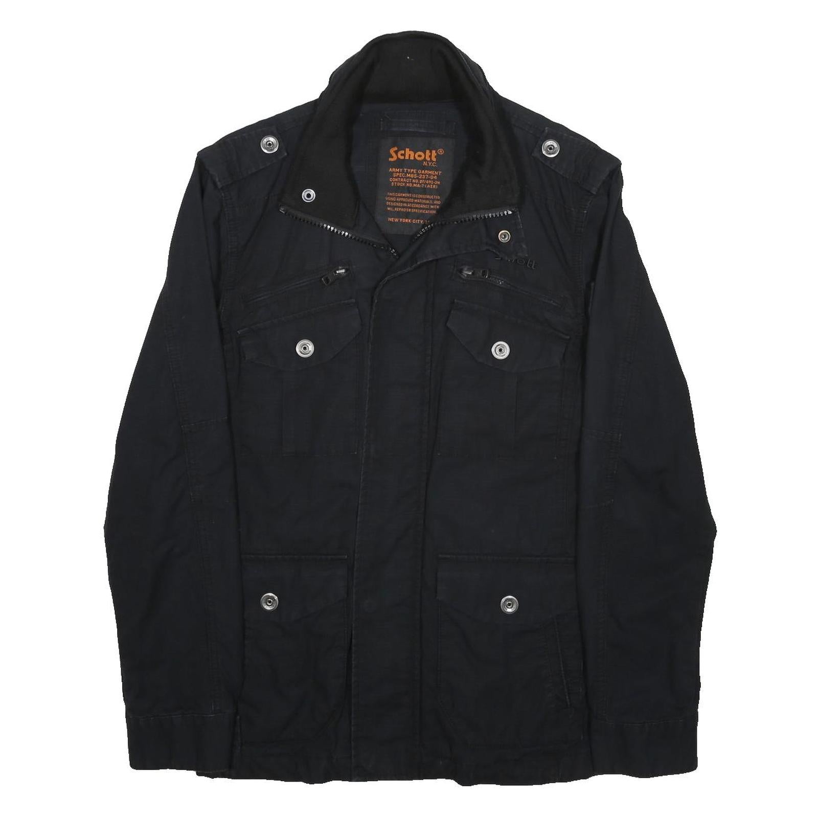 SCHOTT Mens Black Cotton Military Style Jacket S Zip Pocketed Casual