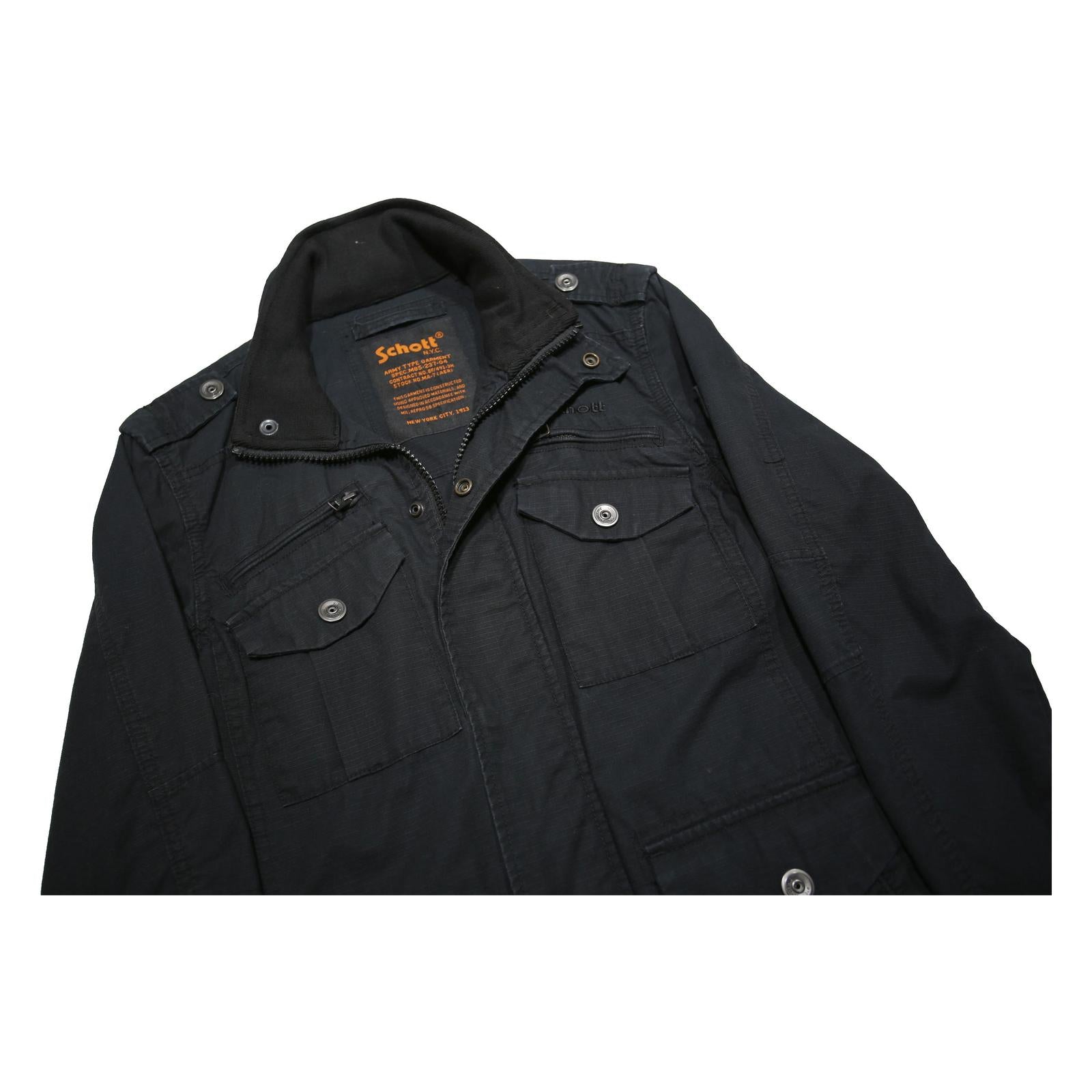 SCHOTT Mens Black Cotton Military Style Jacket S Zip Pocketed Casual