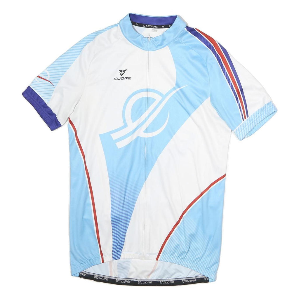 CUORE Mens Blue White Polyester Cycling Jersey L Short Sleeve Zip Neck