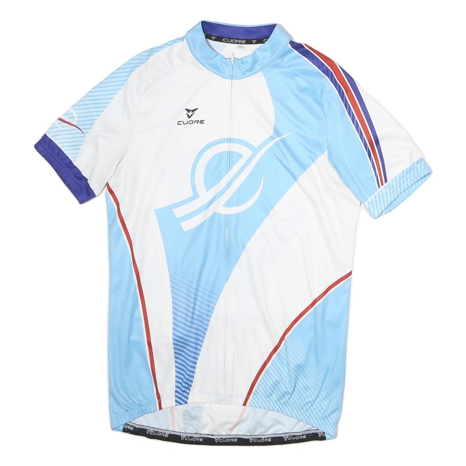 CUORE Mens Blue White Polyester Cycling Jersey L Short Sleeve Zip Neck