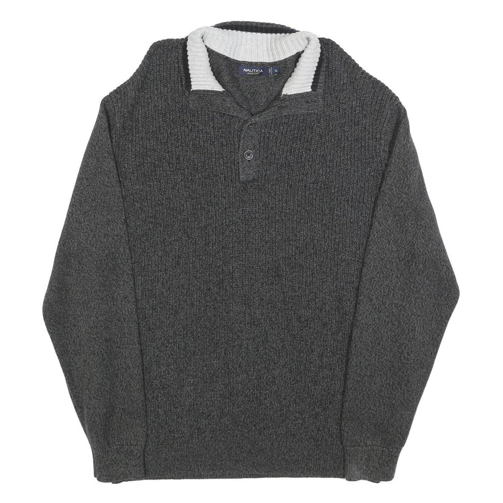 NAUTICA Mens Grey Cotton Patterned Jumper Shawl Collar Button Up Chunky Knit XL