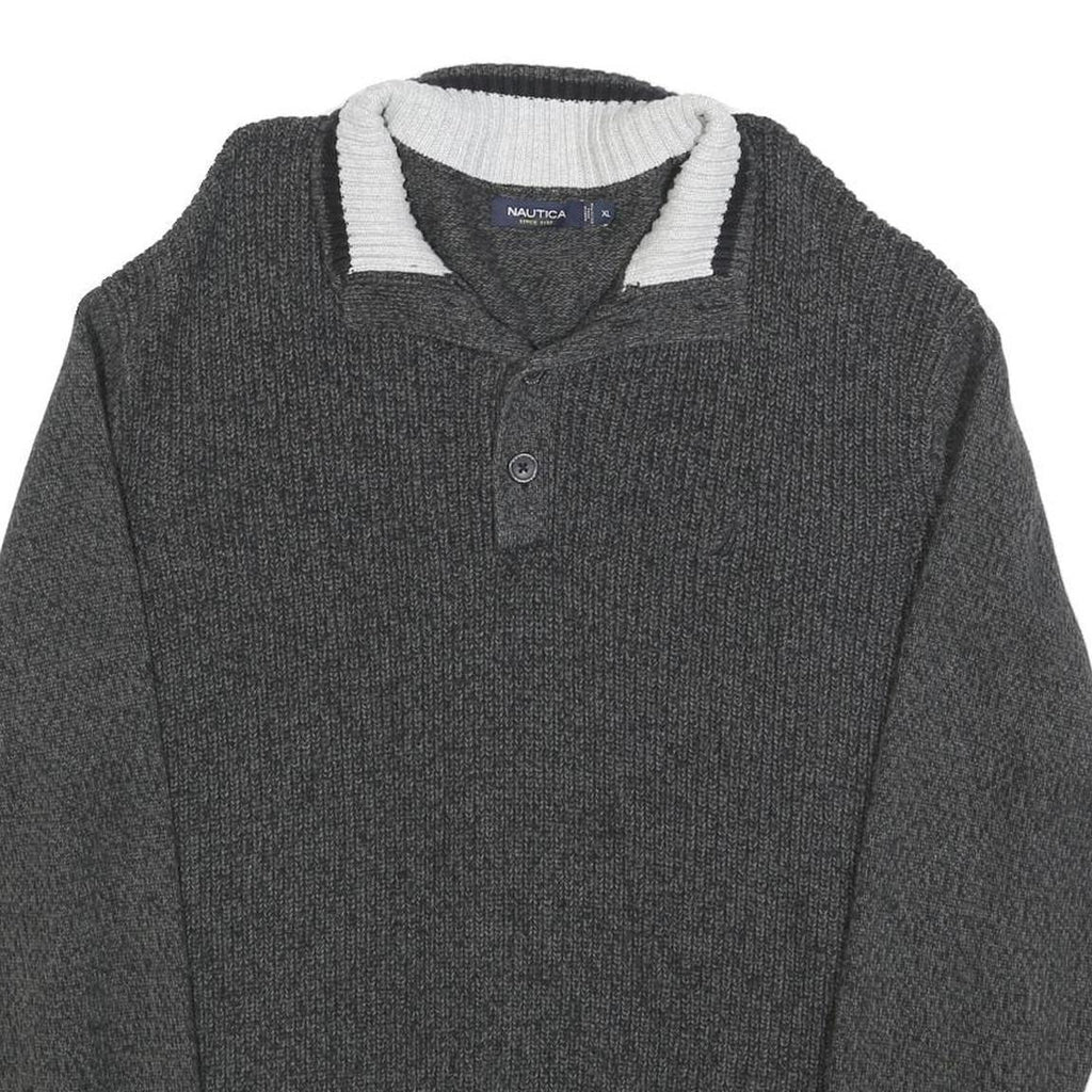 NAUTICA Mens Grey Cotton Patterned Jumper Shawl Collar Button Up Chunky Knit XL