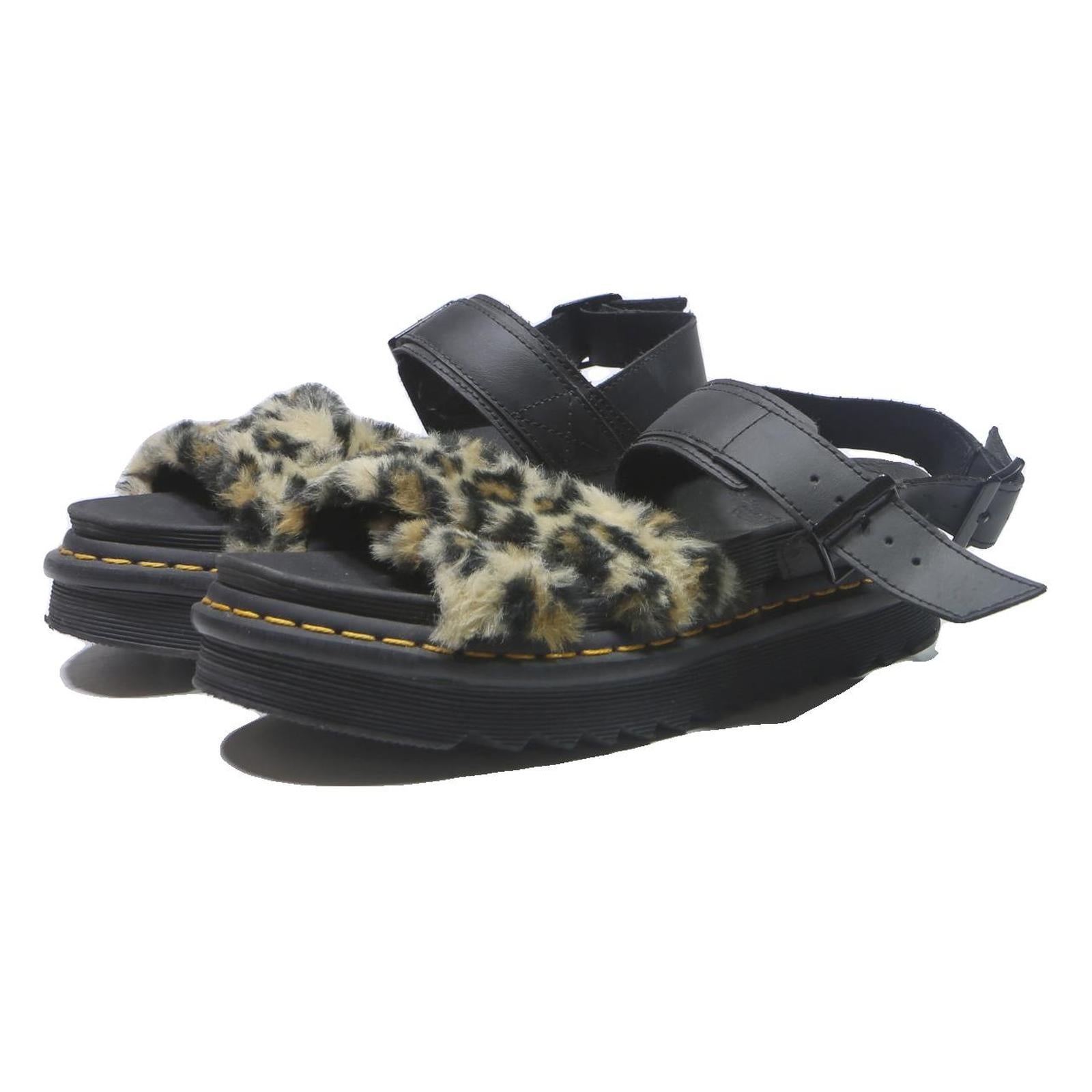DR MARTENS Womens Black Leather Platform Sandals UK 5 Faux Fur Leopard Print