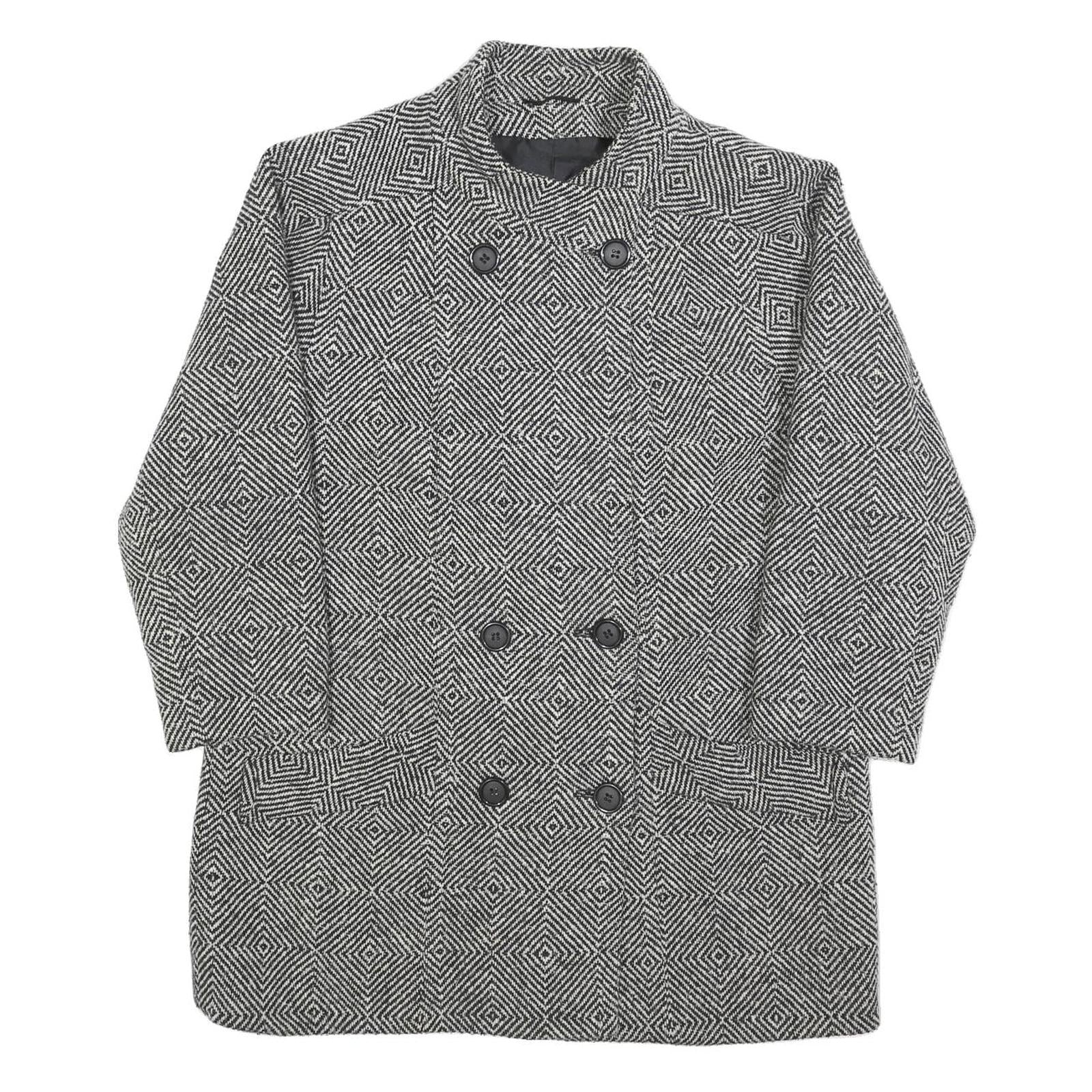 Womens Black & White Geometric Pattern Button Jacket L Woven Double Breasted