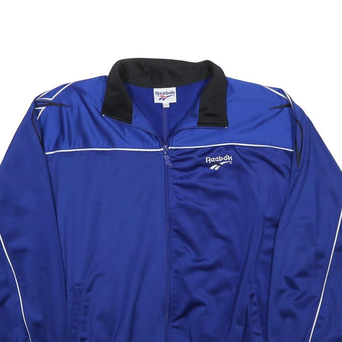 REEBOK Mens Blue & Black Track Jacket L Polyester Zip Athletic Sportswear