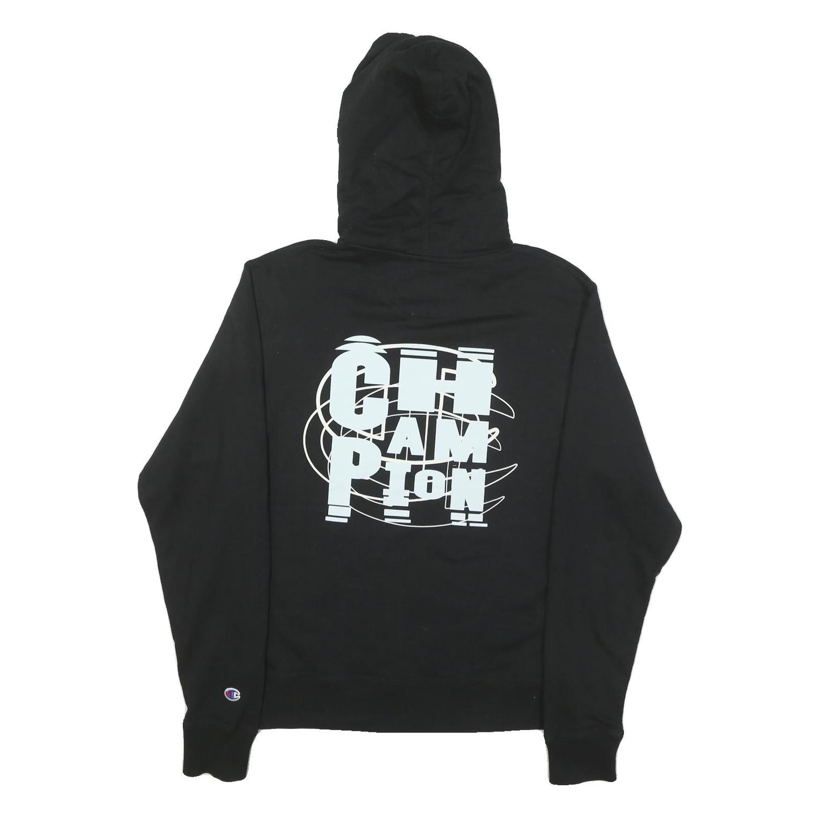 CHAMPION Mens Black Pullover Hoodie S Graphic Print Cotton Blend Streetwear