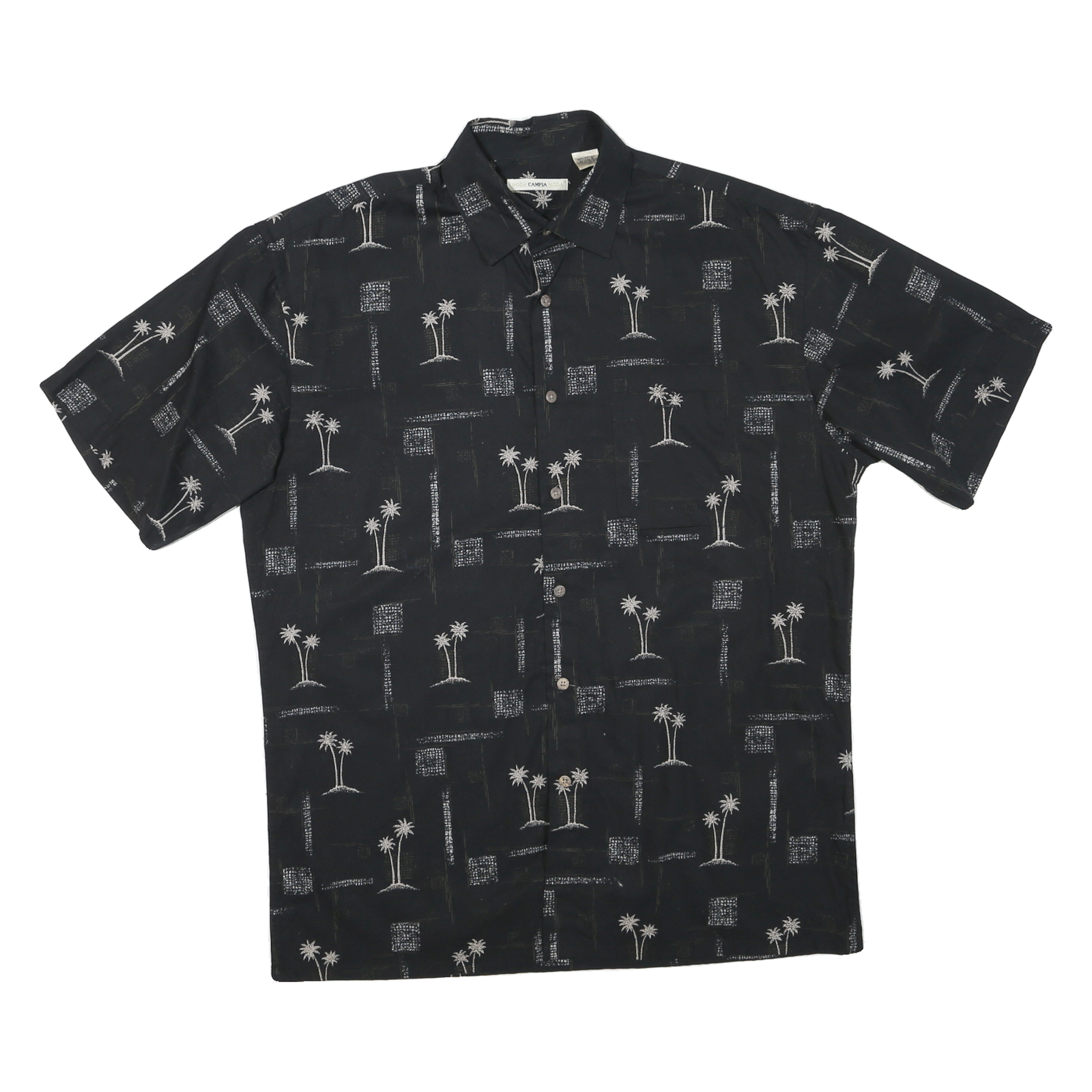 CAMPIA Mens Black Shirt M Cotton Blend Palm Tree Print Casual Button Shirt