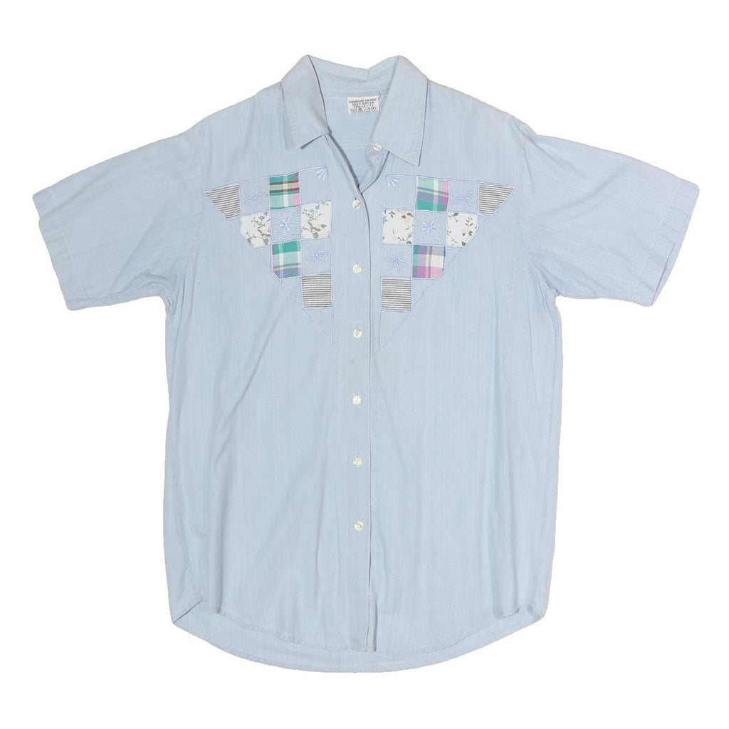Womens Blue Patchwork Cotton Blend Shirt Short Sleeve Collared M Summer Casual