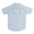 Womens Blue Patchwork Cotton Blend Shirt Short Sleeve Collared M Summer Casual