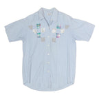 Womens Blue Patchwork Cotton Blend Shirt Short Sleeve Collared M Summer Casual