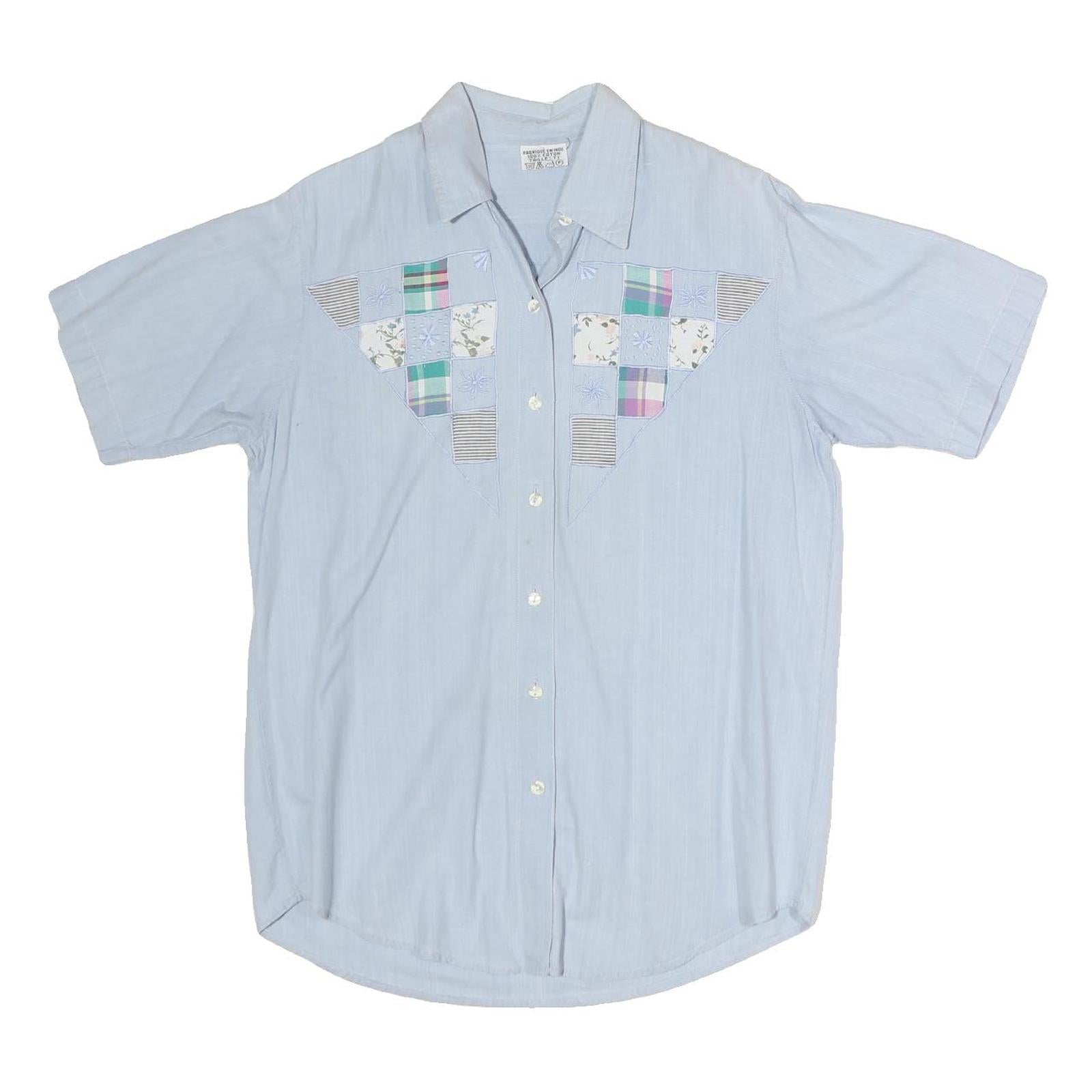 Womens Blue Patchwork Cotton Blend Shirt Short Sleeve Collared M Summer Casual