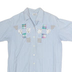 Womens Blue Patchwork Cotton Blend Shirt Short Sleeve Collared M Summer Casual