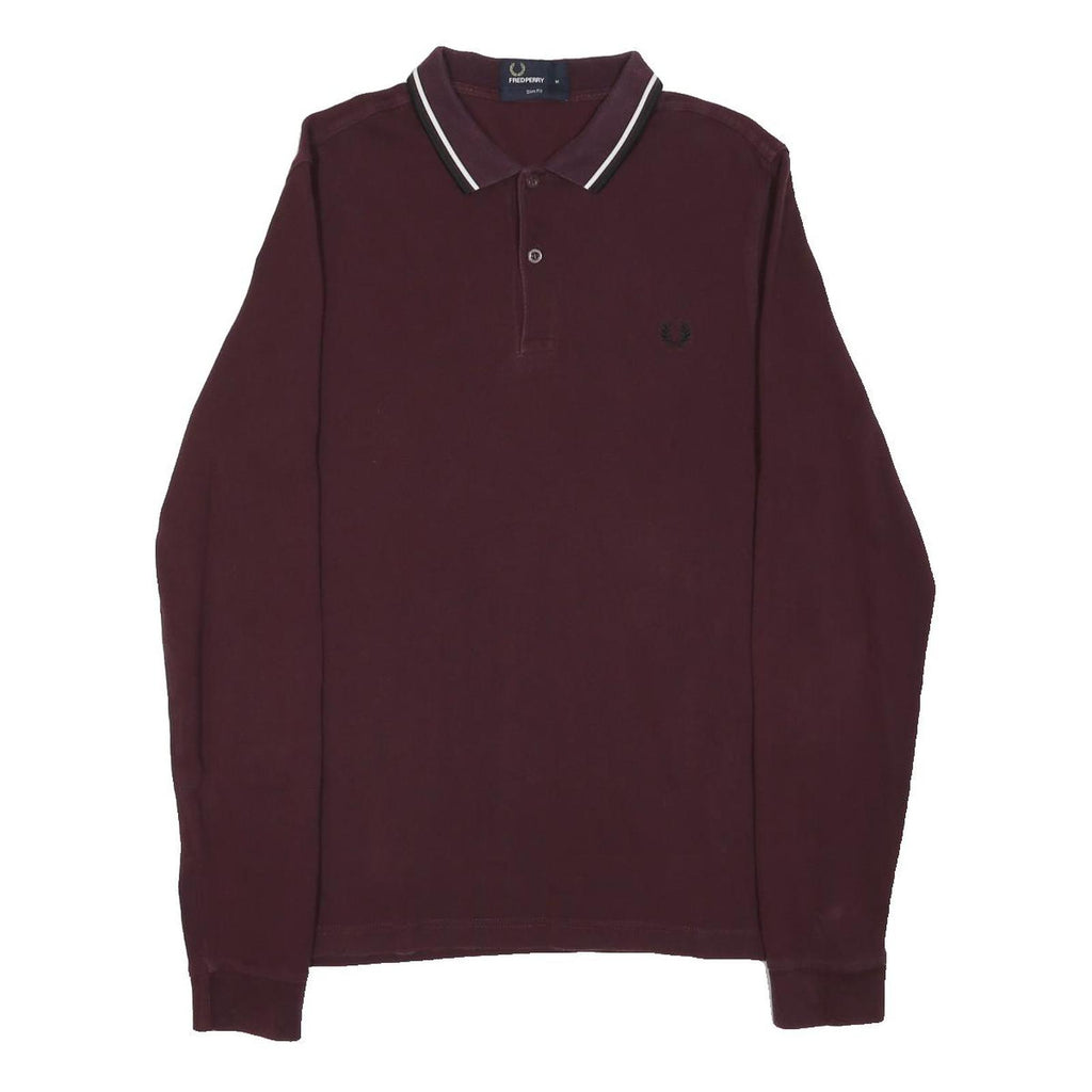 FRED PERRY Mens Maroon Long Sleeve Slim Fit Polo Shirt M Cotton Blend Classic