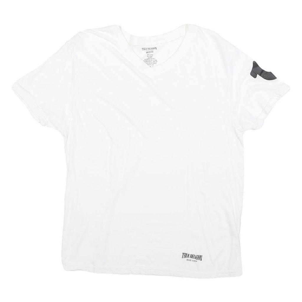 TRUE RELIGION Womens White V-Neck T-Shirt M Short Sleeve Cotton Blend Casual