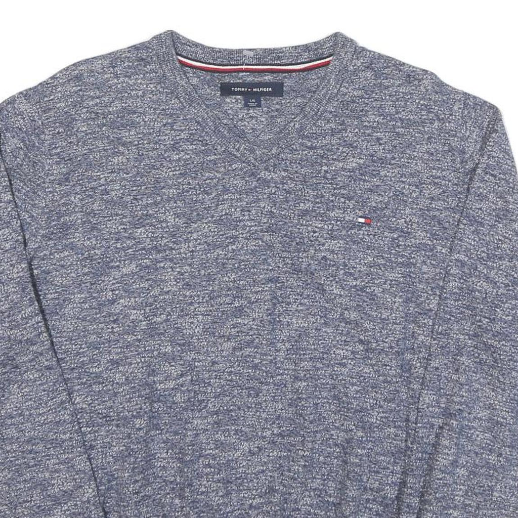 TOMMY HILFIGER Mens Blue Patterned Jumper V-Neck Basic Knit L Cotton Blend