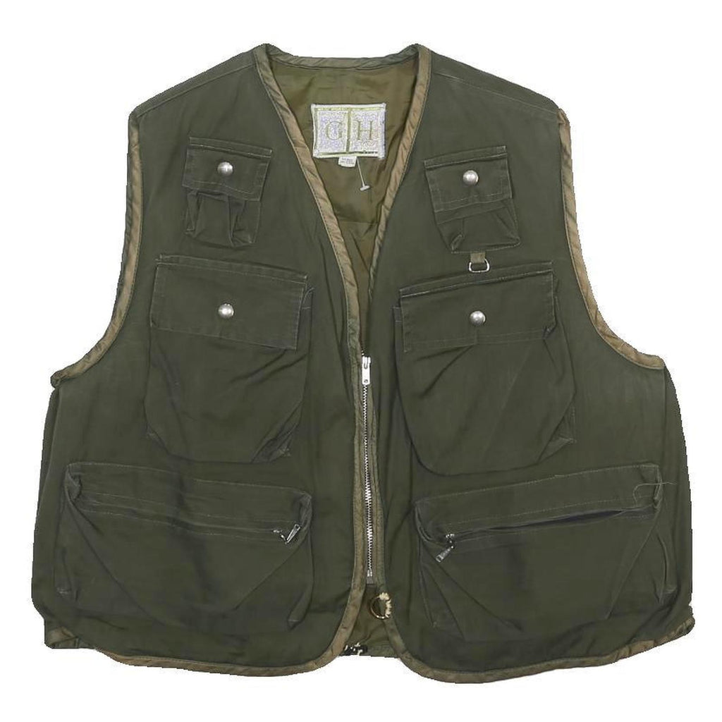 GH Mens Green Wax Waistcoat L Cotton Blend Woven Plain Relaxed Fit Pockets Zip