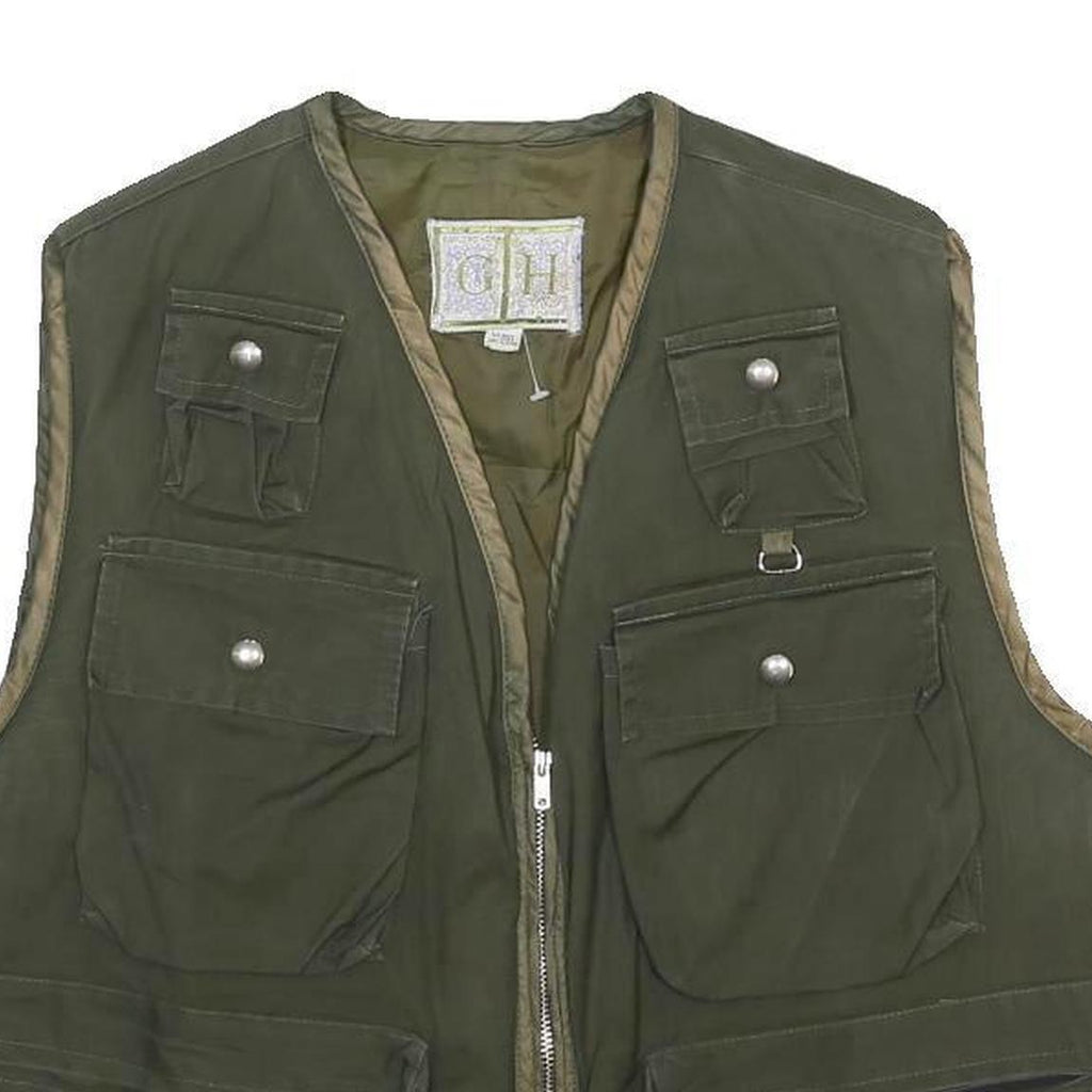 GH Mens Green Wax Waistcoat L Cotton Blend Woven Plain Relaxed Fit Pockets Zip