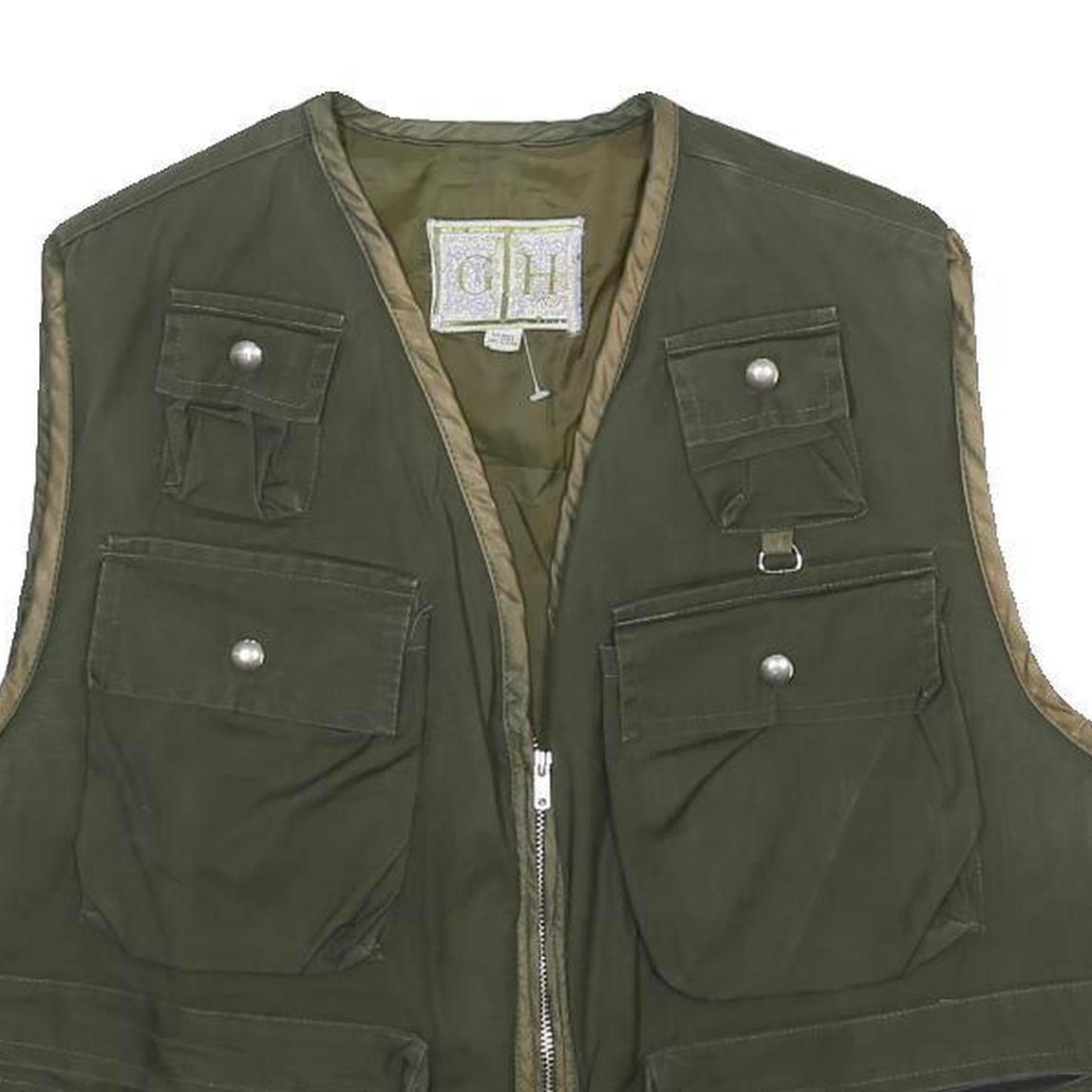 GH Mens Green Wax Waistcoat L Cotton Blend Woven Plain Relaxed Fit Pockets Zip