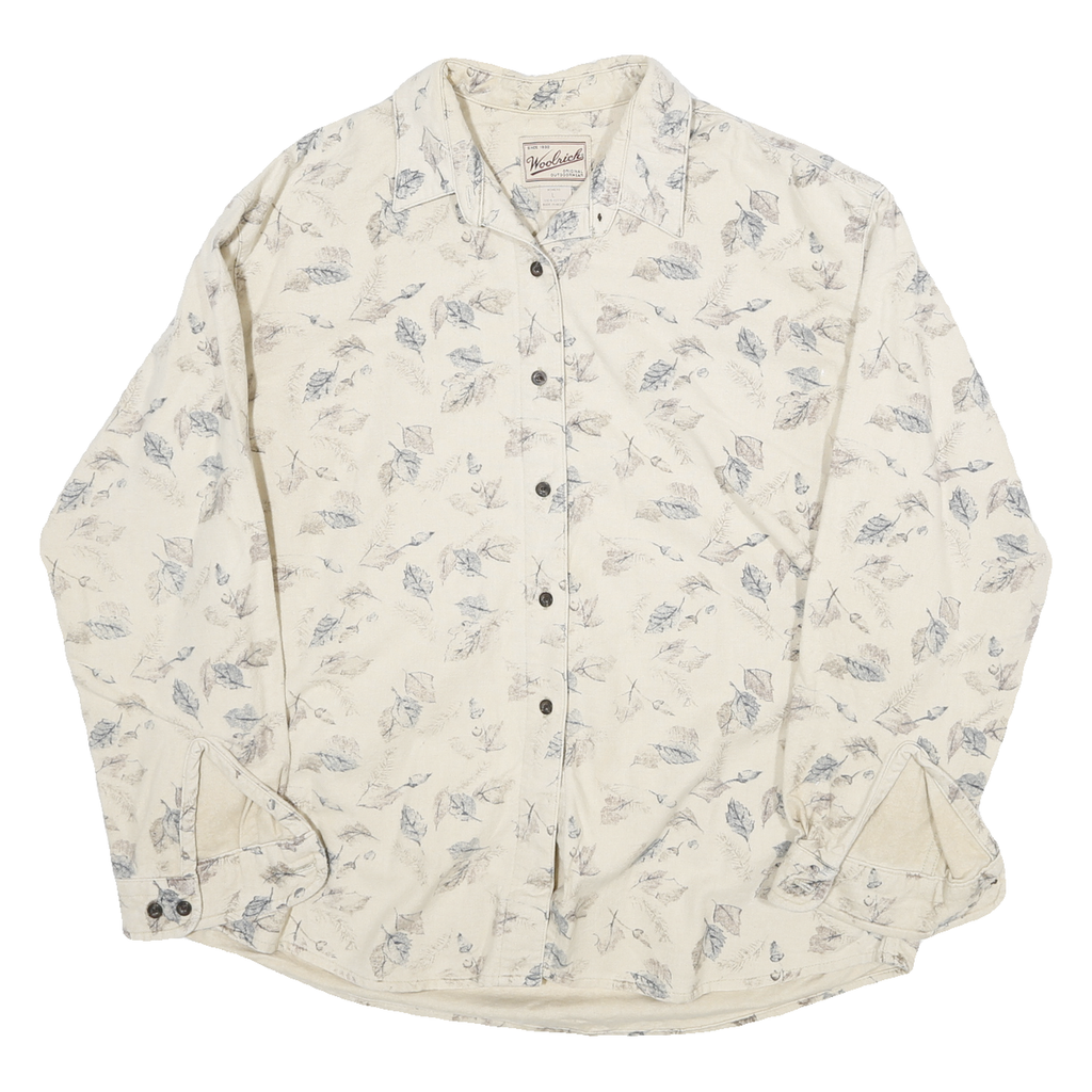 WOOLRICH Womens Cream Leaf Print Shirt L Cotton Blend Casual Button Down