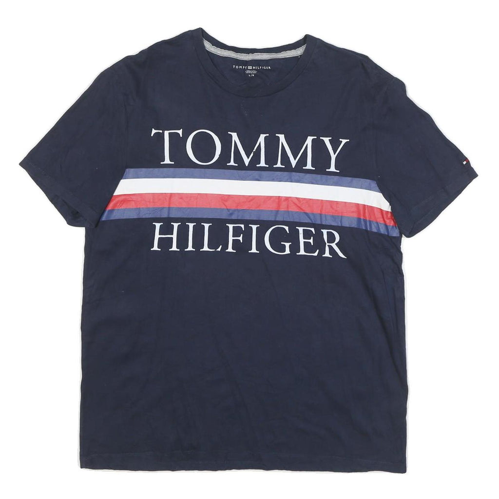 TOMMY HILFIGER Mens Navy Blue White & Red Graphic T-Shirt L Short Sleeve Crew