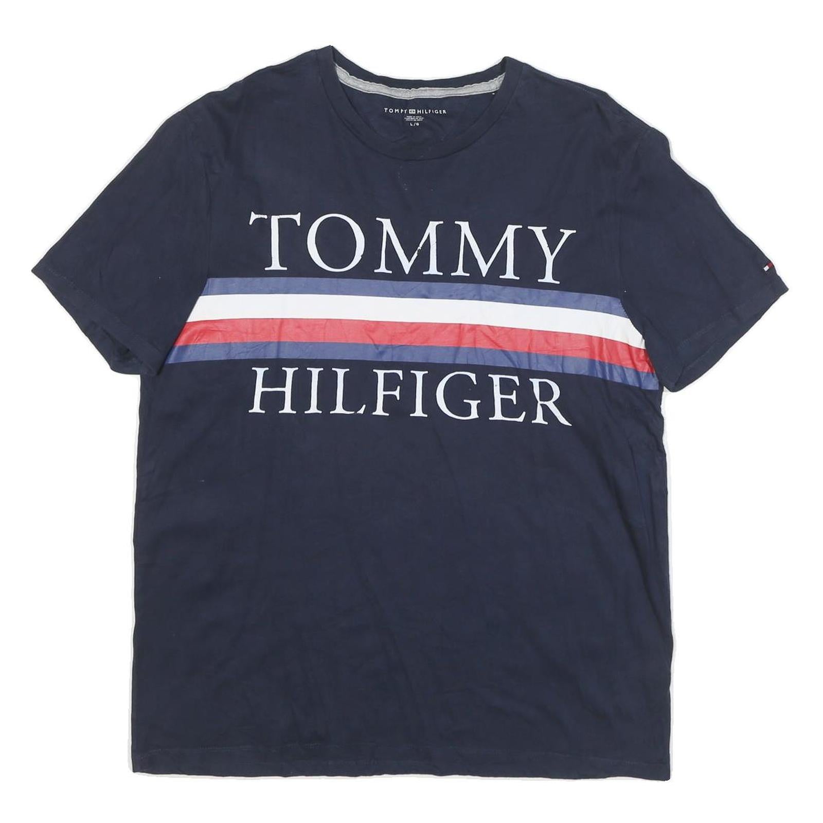 TOMMY HILFIGER Mens Navy Blue White & Red Graphic T-Shirt L Short Sleeve Crew