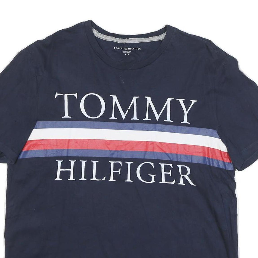 TOMMY HILFIGER Mens Navy Blue White & Red Graphic T-Shirt L Short Sleeve Crew