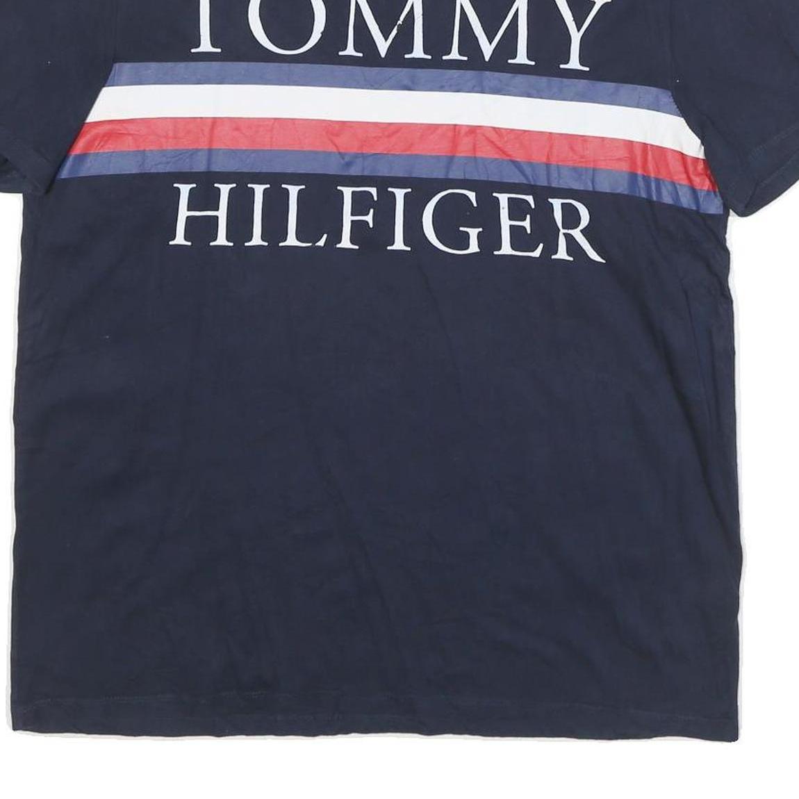 TOMMY HILFIGER Mens Navy Blue White & Red Graphic T-Shirt L Short Sleeve Crew