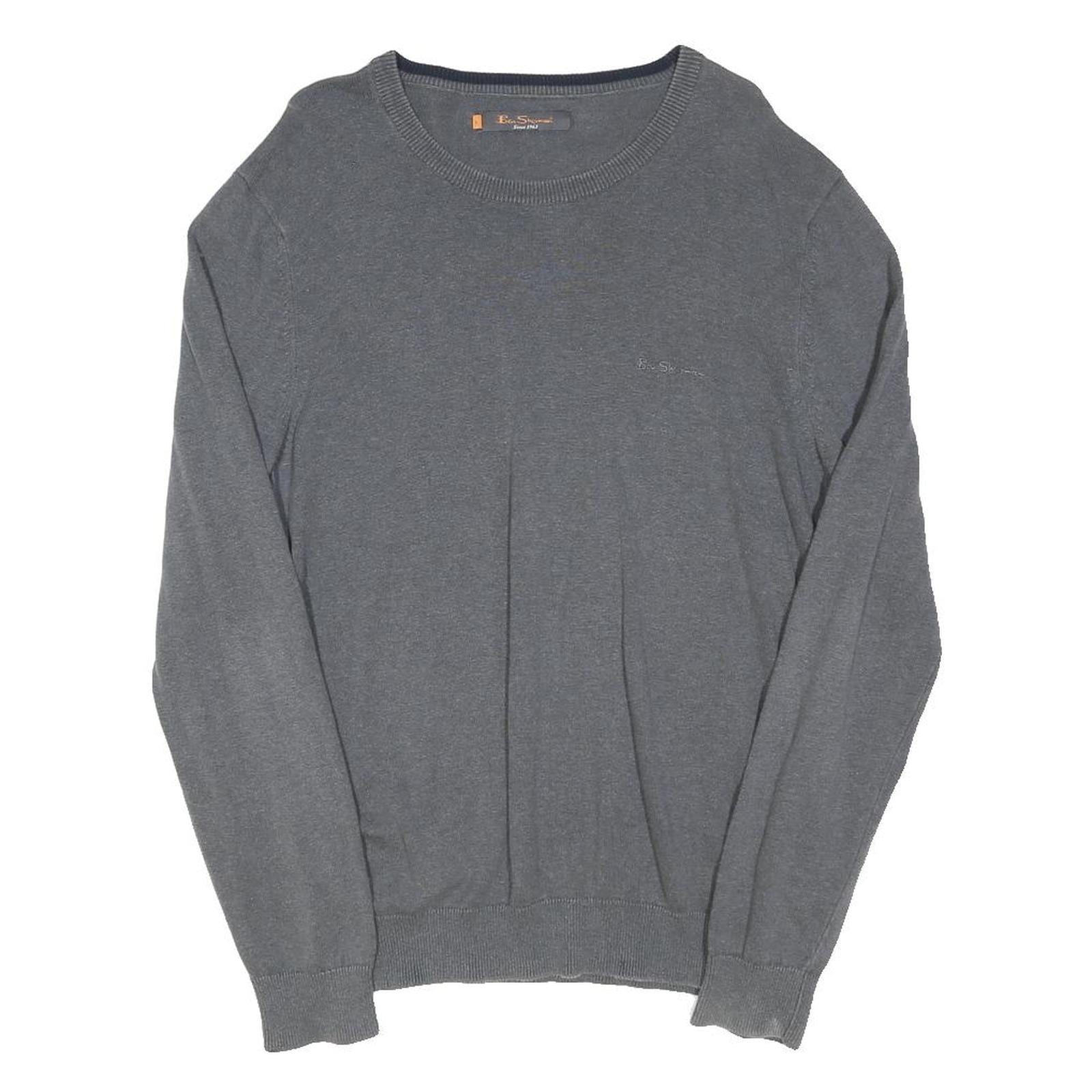 BEN SHERMAN Mens Grey Cotton Blend Plain Crew Neck Basic Knit Jumper L Casual