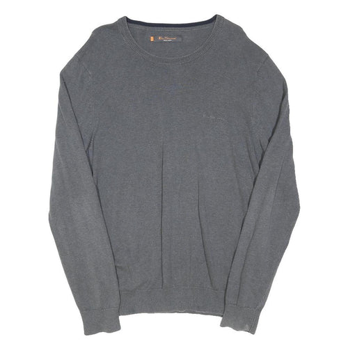 BEN SHERMAN Mens Grey Cotton Blend Plain Crew Neck Basic Knit Jumper L Casual