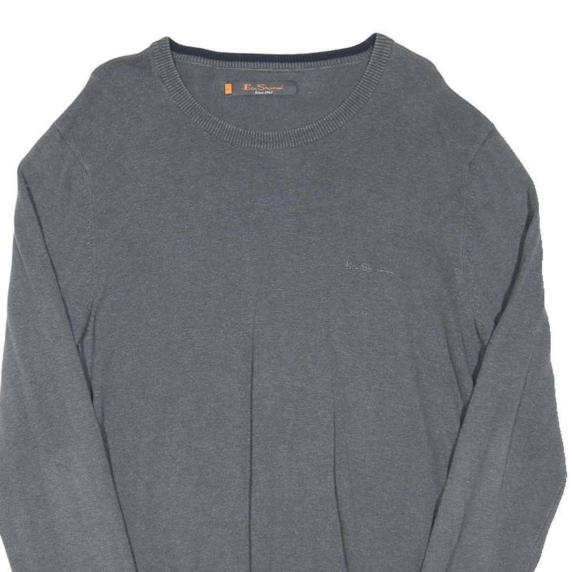 BEN SHERMAN Mens Grey Cotton Blend Plain Crew Neck Basic Knit Jumper L Casual