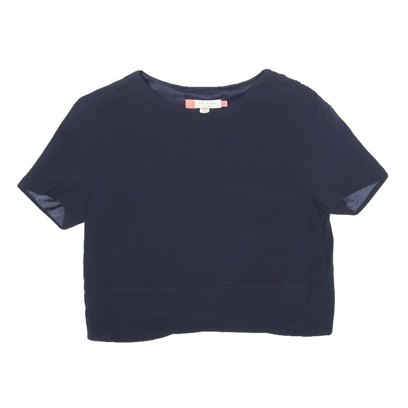 TED BAKER Womens Navy Blue Plain Crop Top Short Sleeve Round Neck XS Stylish