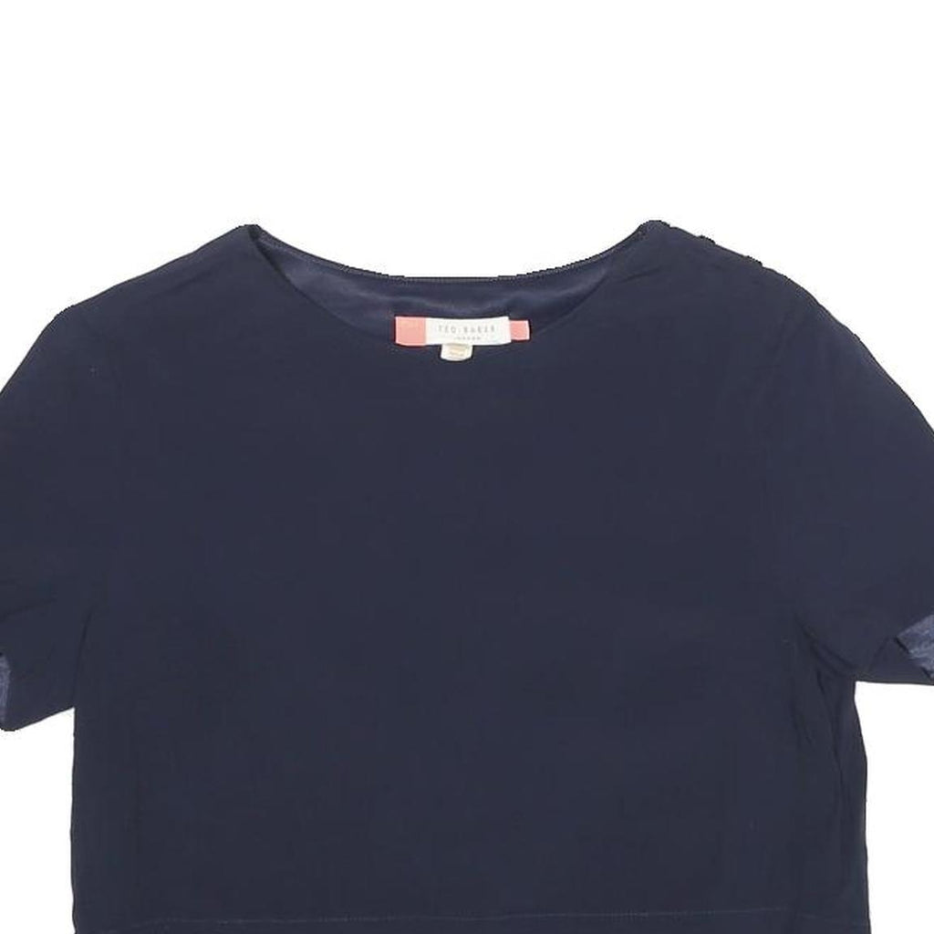 TED BAKER Womens Navy Blue Plain Crop Top Short Sleeve Round Neck XS Stylish