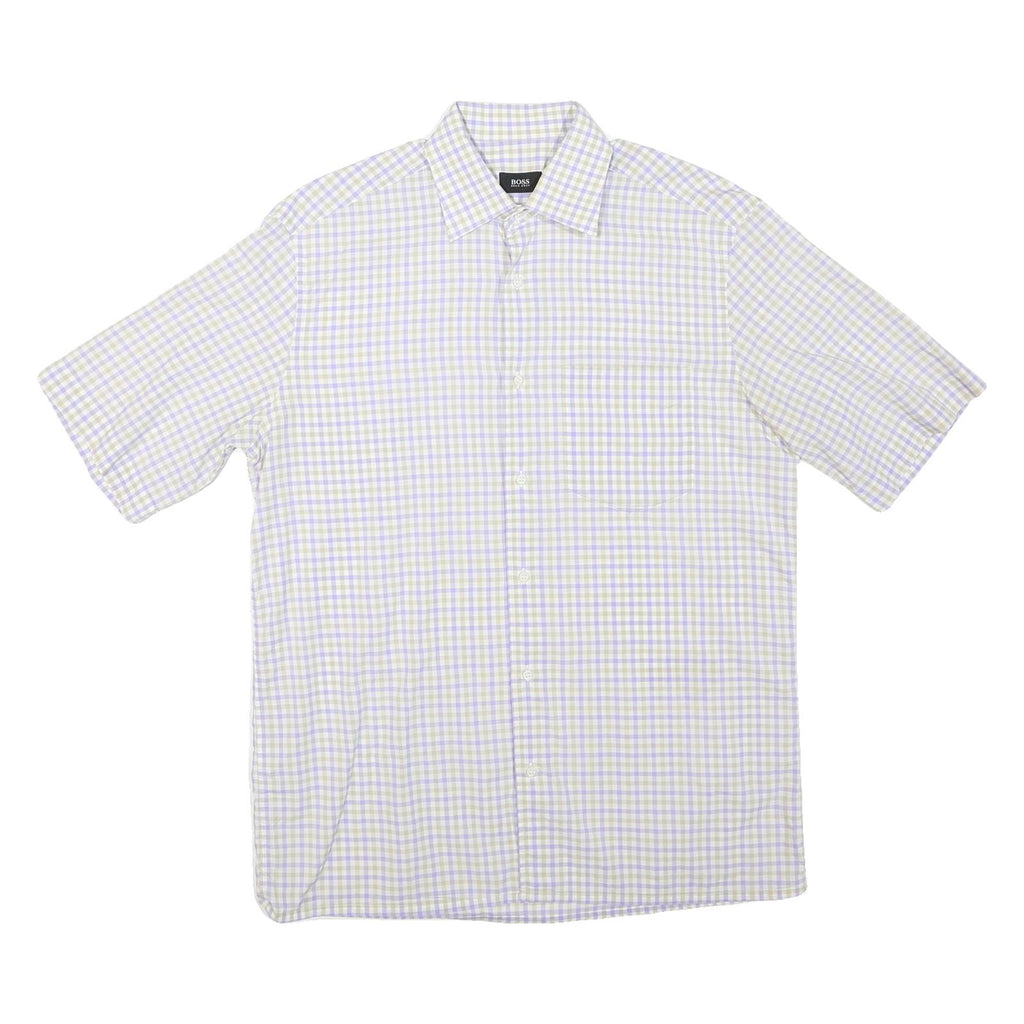 BOSS HUGO BOSS Mens Beige & Blue Check Shirt L Cotton Blend Short Sleeve Casual