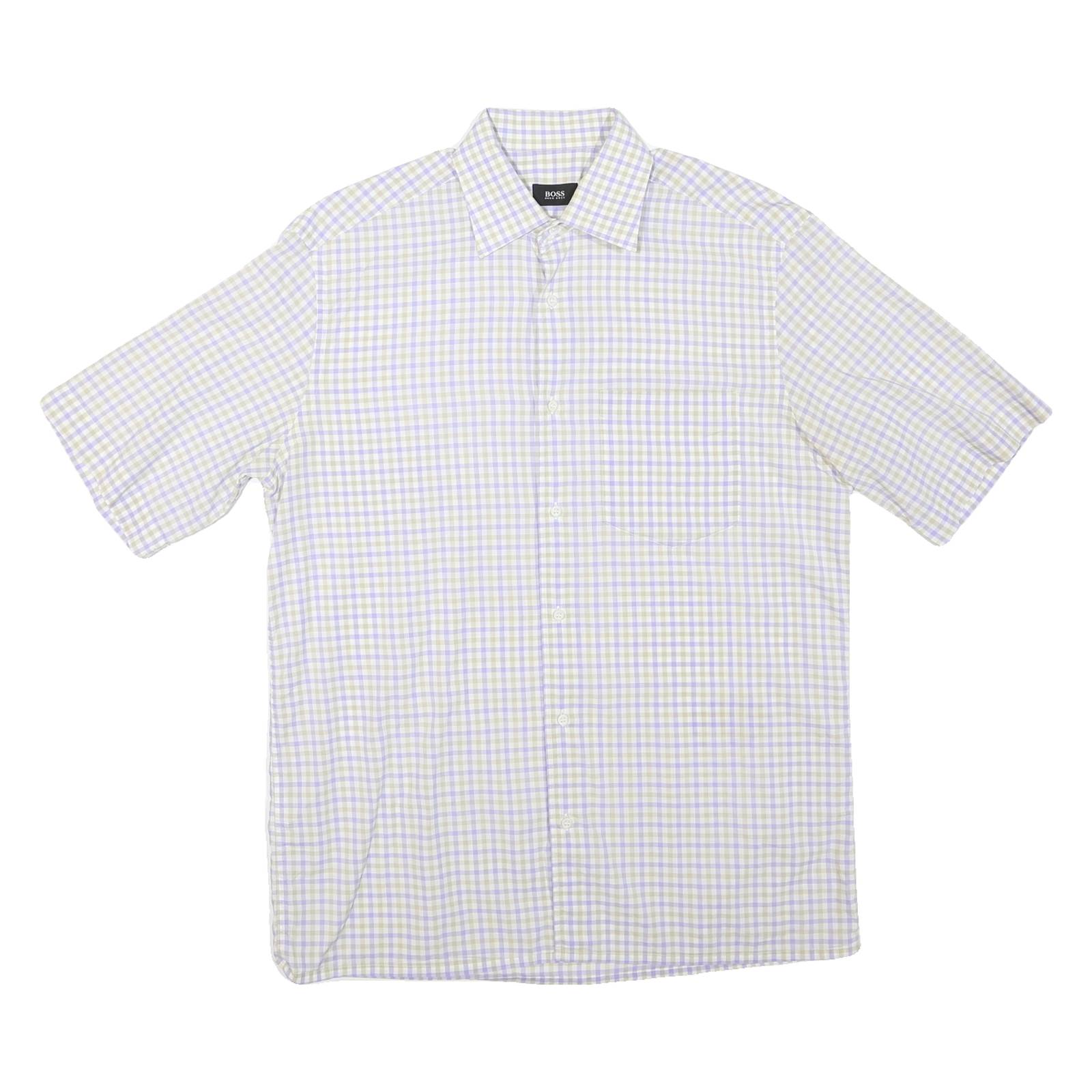 BOSS HUGO BOSS Mens Beige & Blue Check Shirt L Cotton Blend Short Sleeve Casual