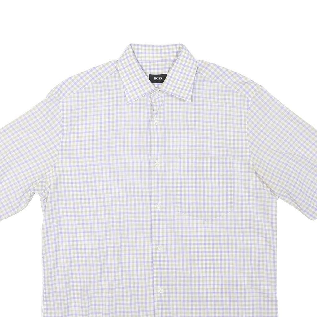 BOSS HUGO BOSS Mens Beige & Blue Check Shirt L Cotton Blend Short Sleeve Casual