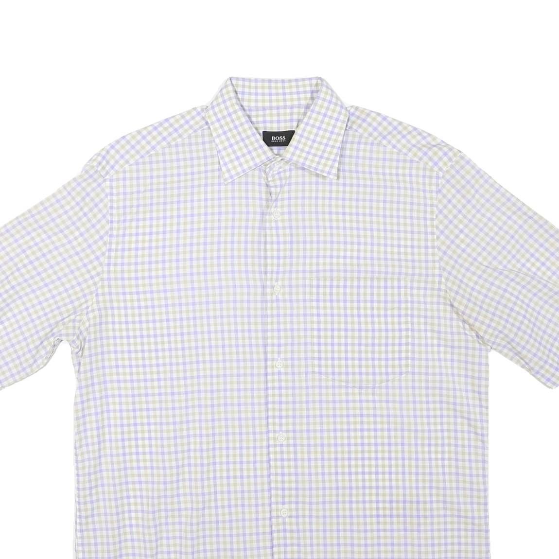 BOSS HUGO BOSS Mens Beige & Blue Check Shirt L Cotton Blend Short Sleeve Casual
