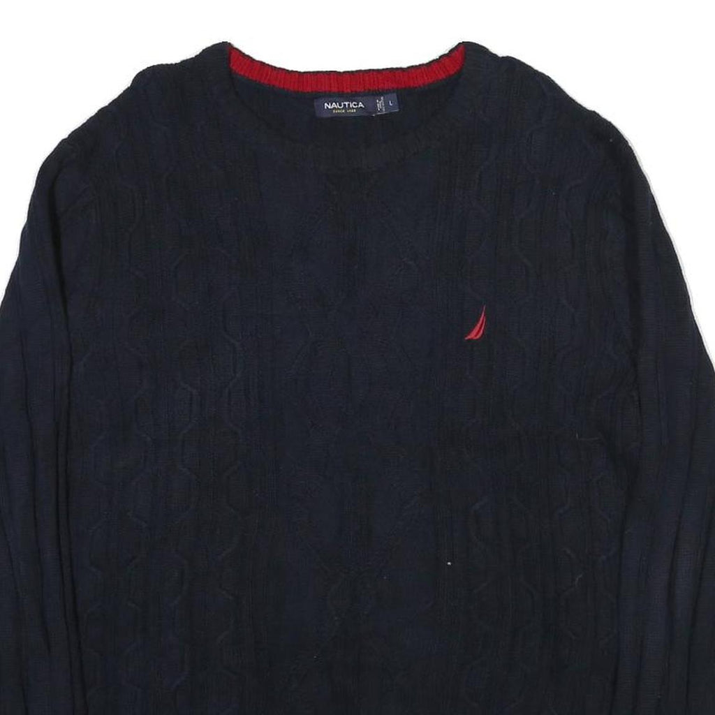 NAUTICA Mens Navy Patterned Cotton Blend Jumper Crew Neck Cable Knit L Stylish