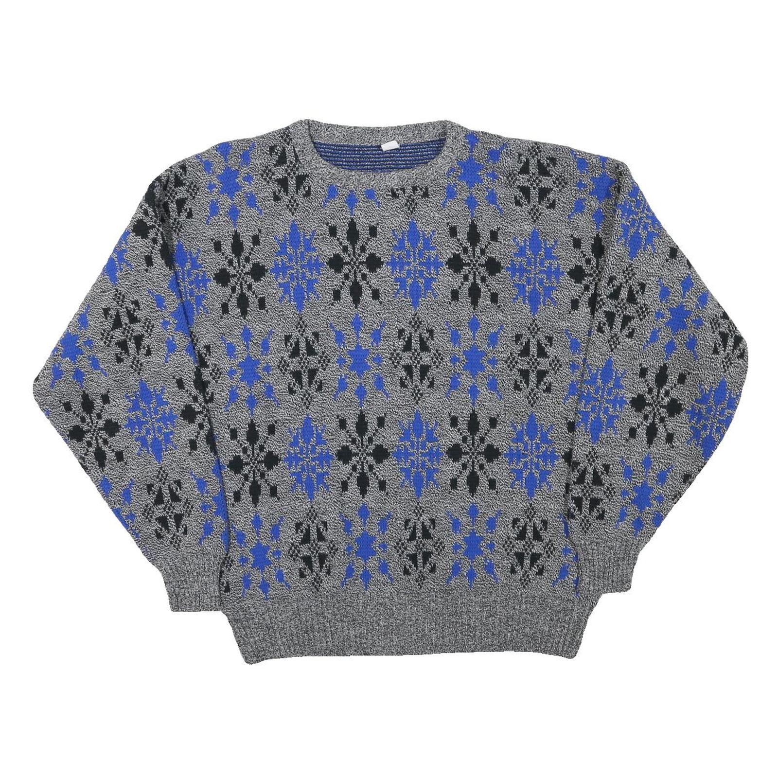 Mens Grey Blue Patterned Polyester Blend Plain Crew Neck Jumper L Casual