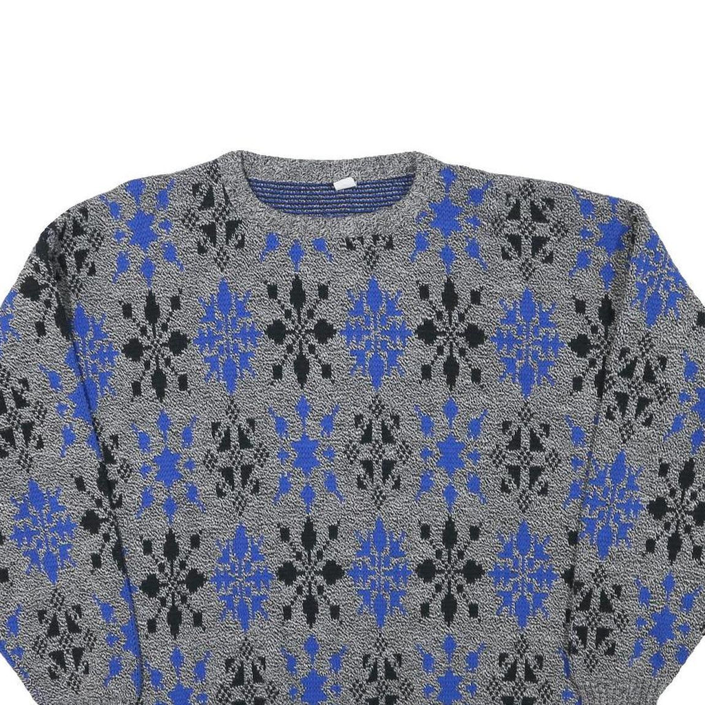 Mens Grey Blue Patterned Polyester Blend Plain Crew Neck Jumper L Casual