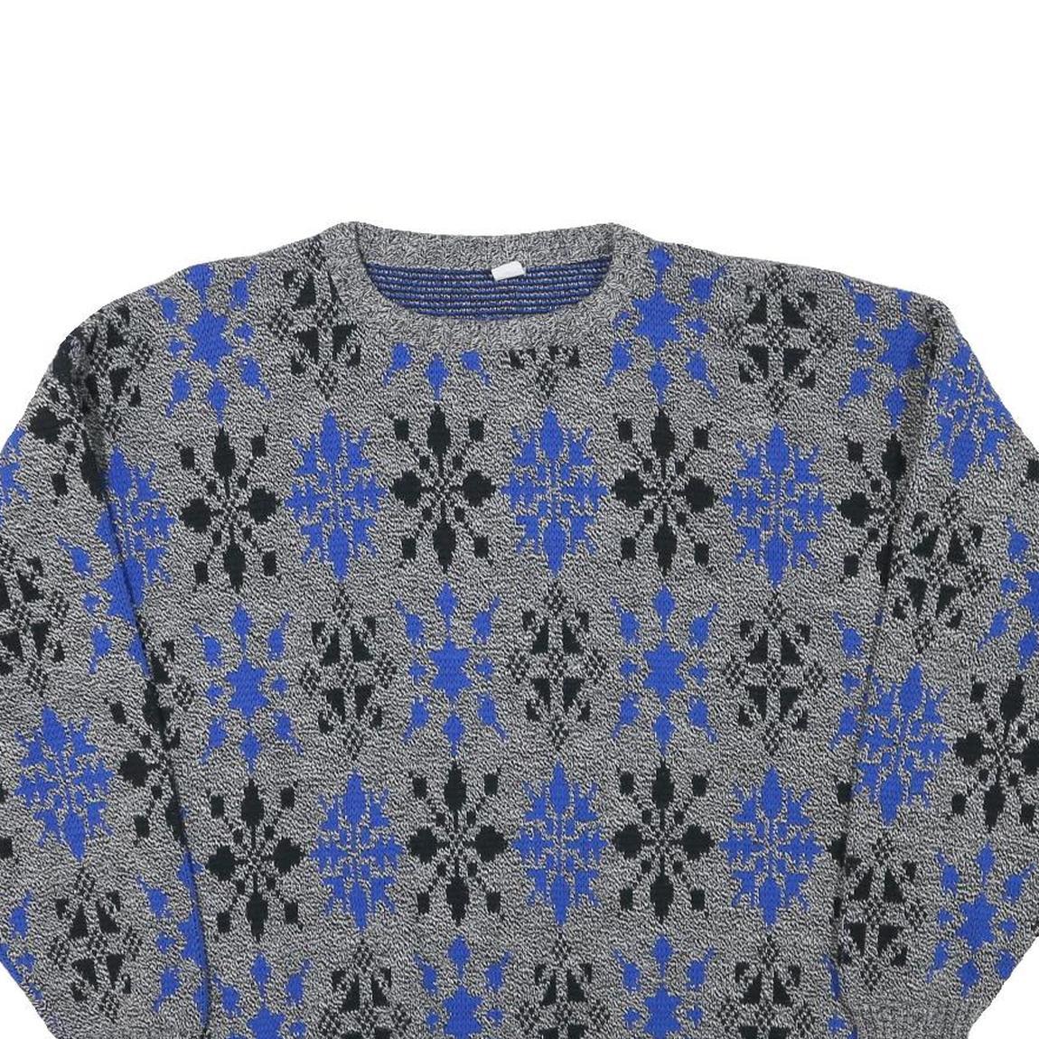 Mens Grey Blue Patterned Polyester Blend Plain Crew Neck Jumper L Casual