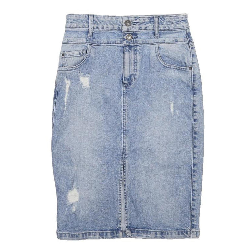 GUESS Womens Blue Denim Pencil Knee Length Cotton Blend Skirt UK 4 Distressed