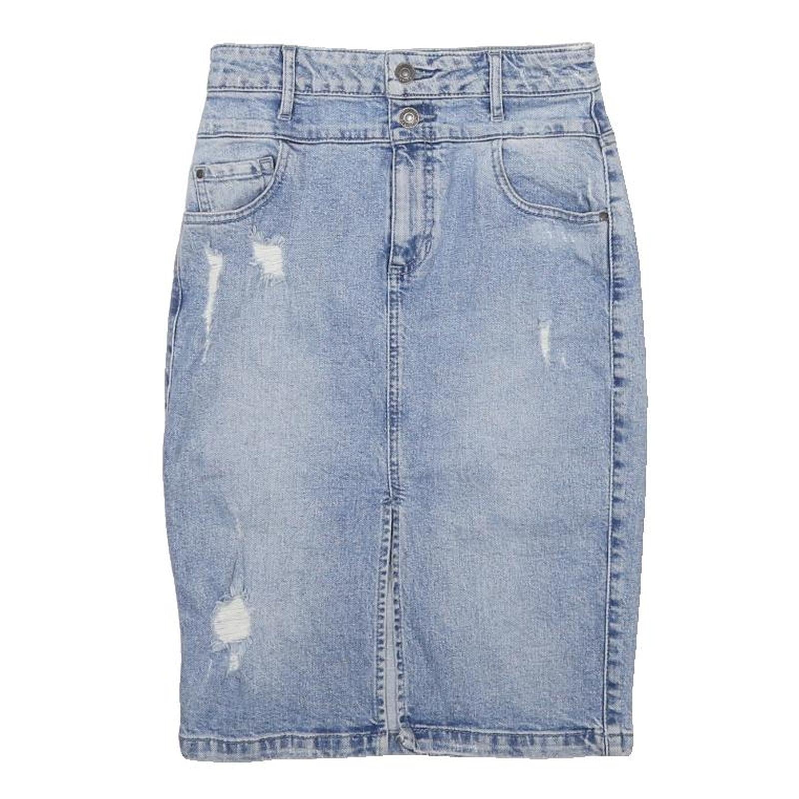 GUESS Womens Blue Denim Pencil Knee Length Cotton Blend Skirt UK 4 Distressed