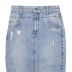 GUESS Womens Blue Denim Pencil Knee Length Cotton Blend Skirt UK 4 Distressed