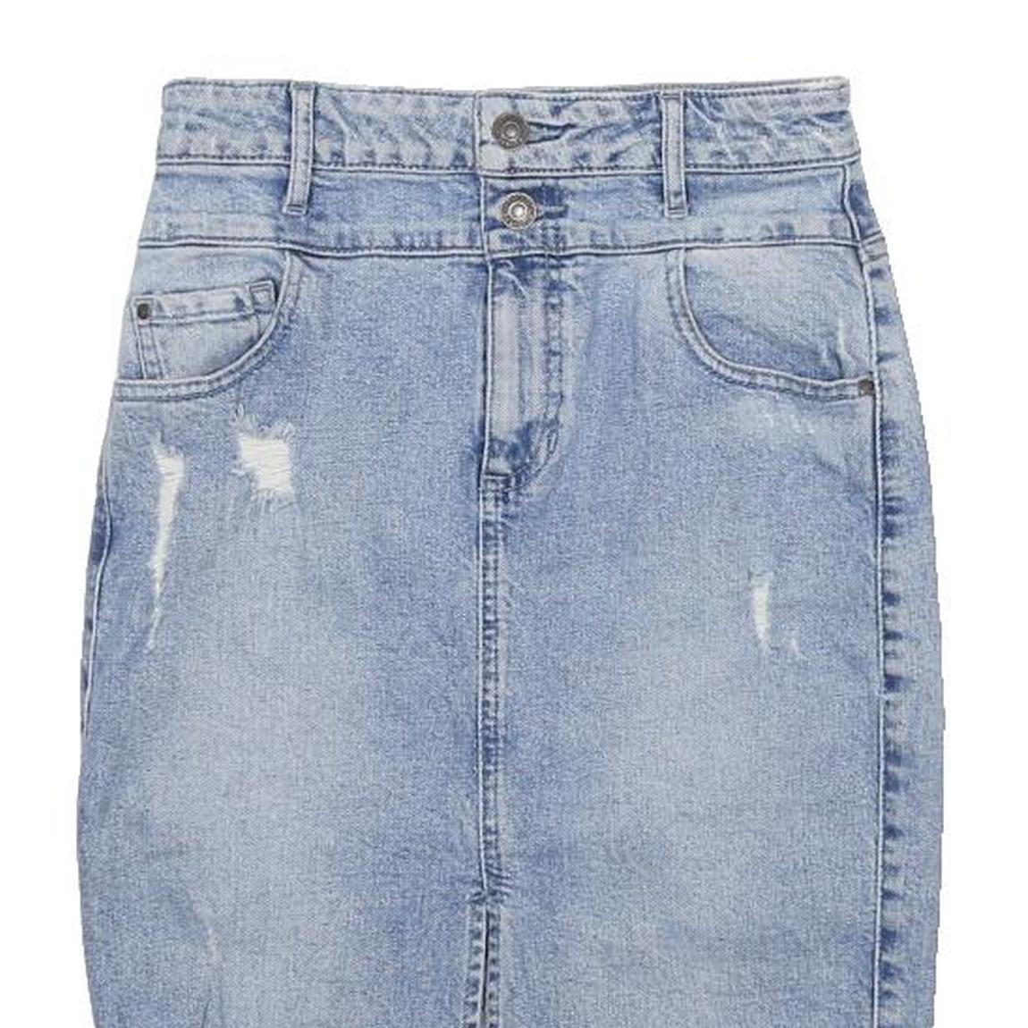 GUESS Womens Blue Denim Pencil Knee Length Cotton Blend Skirt UK 4 Distressed