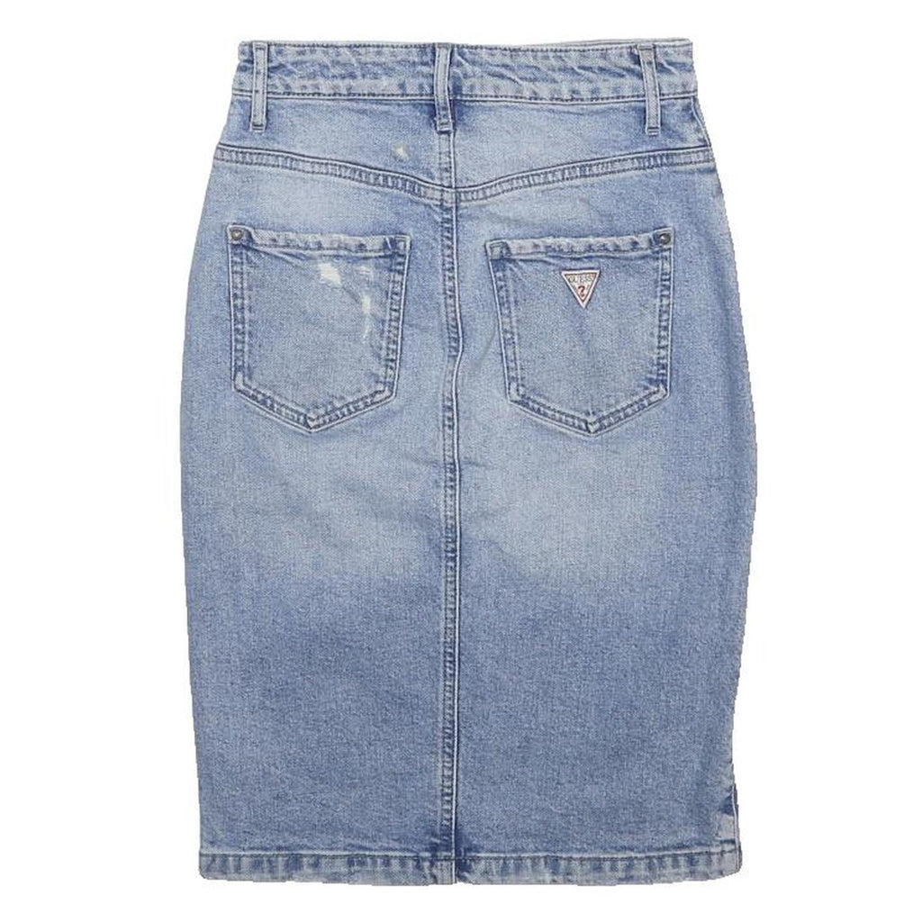 GUESS Womens Blue Denim Pencil Knee Length Cotton Blend Skirt UK 4 Distressed