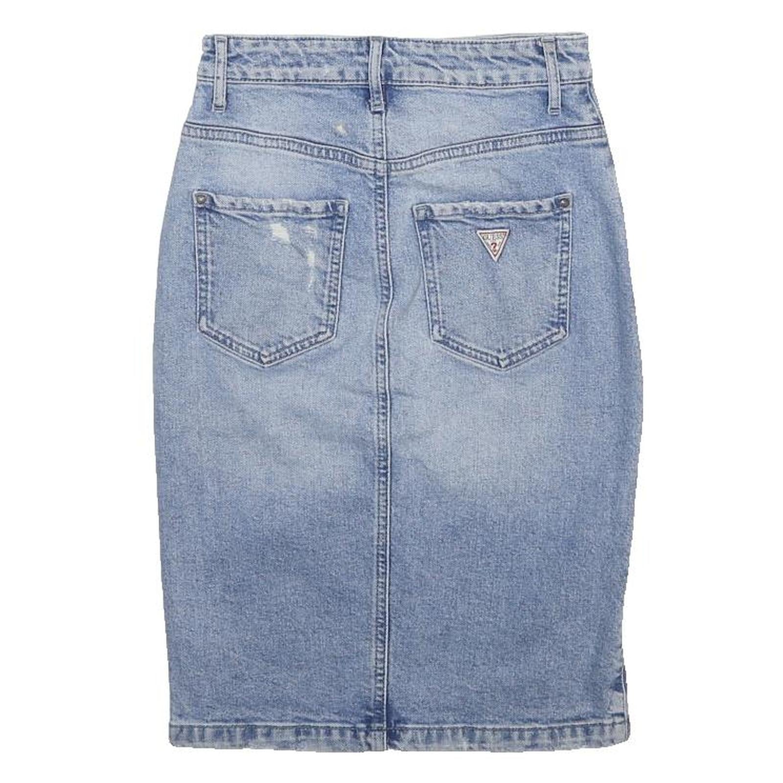 GUESS Womens Blue Denim Pencil Knee Length Cotton Blend Skirt UK 4 Distressed