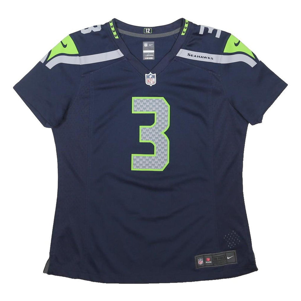 NFL Womens Navy & Green Seattle Seahawks T-Shirt L Short Sleeve V-Neck Wilson