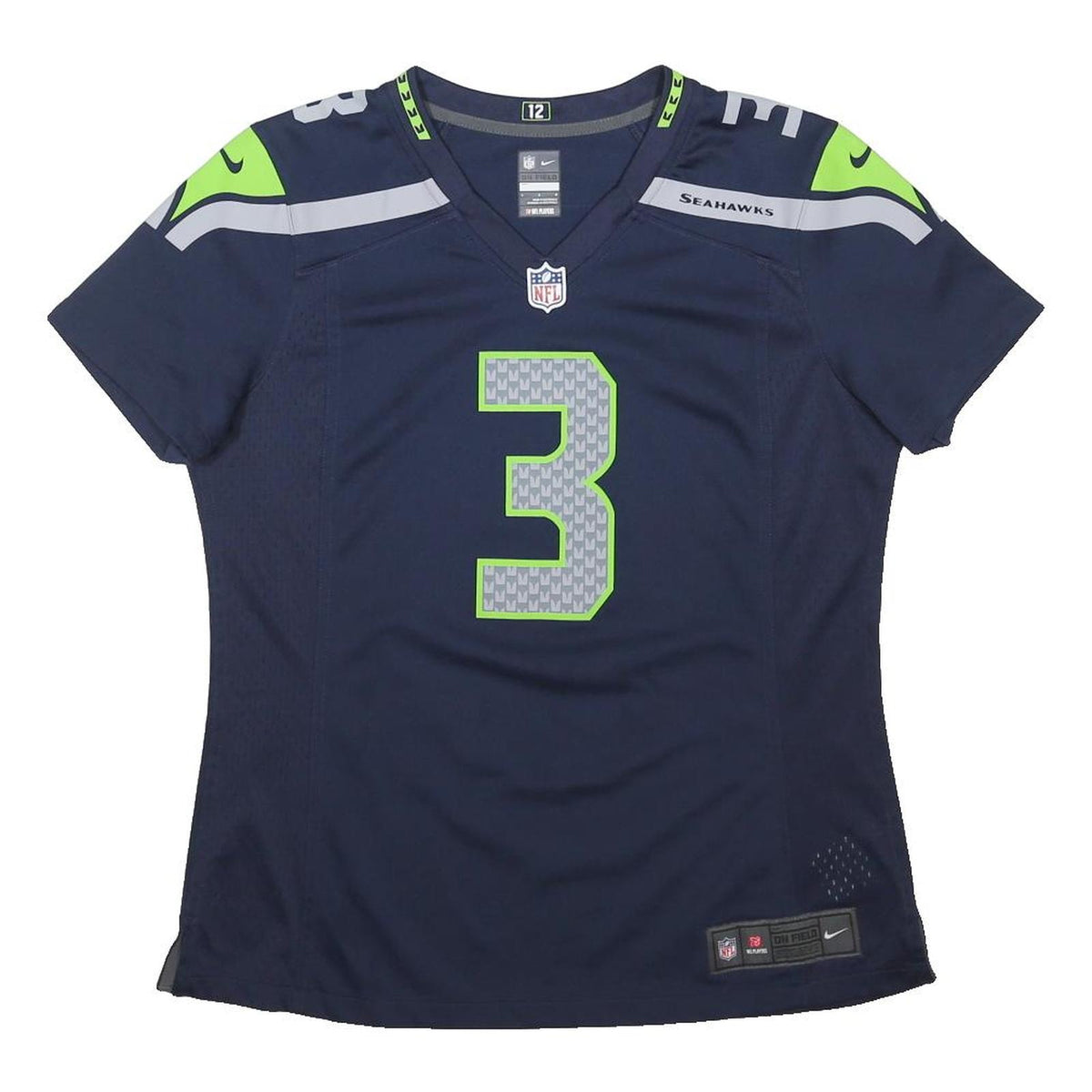 NFL Womens Navy & Green Seattle Seahawks T-Shirt L Short Sleeve V-Neck Wilson