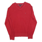 TOMMY HILFIGER Mens Red Pullover Plain V-Neck Basic Knit Jumper L Cotton Blend
